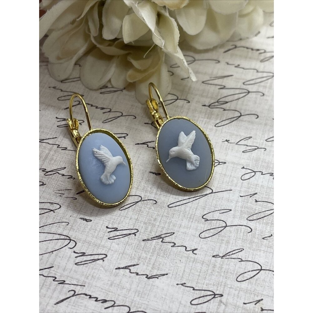 Blue White  Hummingbird Bright Gold Boutique French Wire Cameo Earrings Wedding